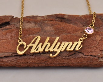 Ashlynn Name Necklace with Shiny Birthstone, Personalized with Initials for Children's Names, Women Memorial Gift Necklace