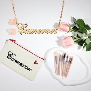 Collier prénom personnalisé avec trousse de maquillage | Petit organiseur de maquillage personnalisé | Collier maman simple | Cadeau pour Cameron