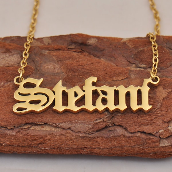 Stefani Old English Name Necklace, Custom Gold Chain Name Necklace, Name Pendant Necklace for Women, Minimalist Necklace Gift