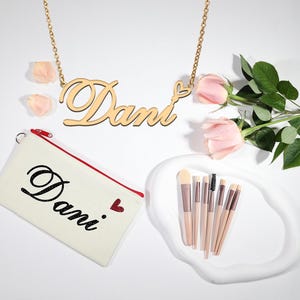 Regalos para mamá: collar con nombre y neceser de maquillaje / Joyas infantiles personalizadas: collar con nombre y organizador de maquillaje / Dama de honor / Regalo para Dani