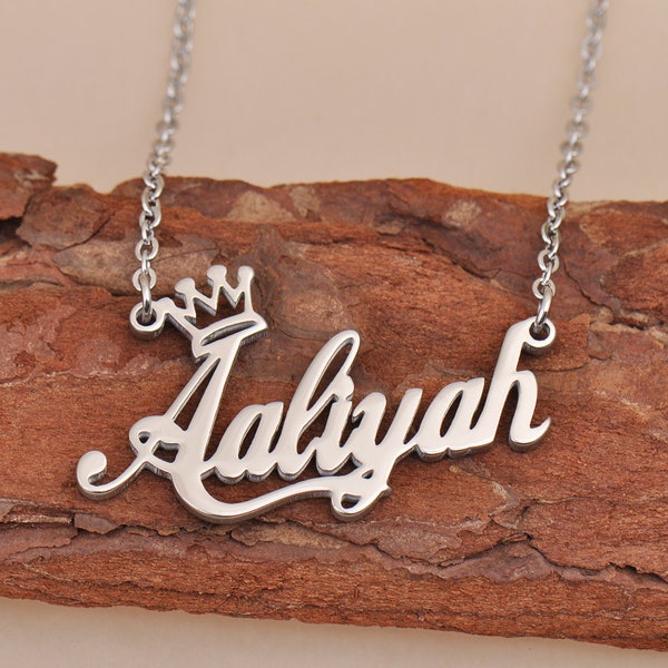 Aaliyah Custom Name Necklace with Crown, Young Girls Fashional Name Necklace Jewelry in Silver Color, Birthday Gift for Daughter