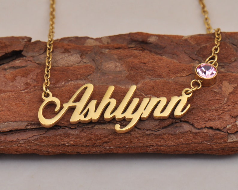 Ashlynn Name Necklace with Shiny Birthstone, Personalized with Initials for Children's Names, Women Memorial Gift Necklace image 1