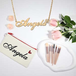 Colar com nome e logotipo Colar com nome personalizado Logotipo com nome desenhado à mão | Organizador de maquiagem personalizado | Presente para madrinha de casamento | Presentes de aniversário para Angela