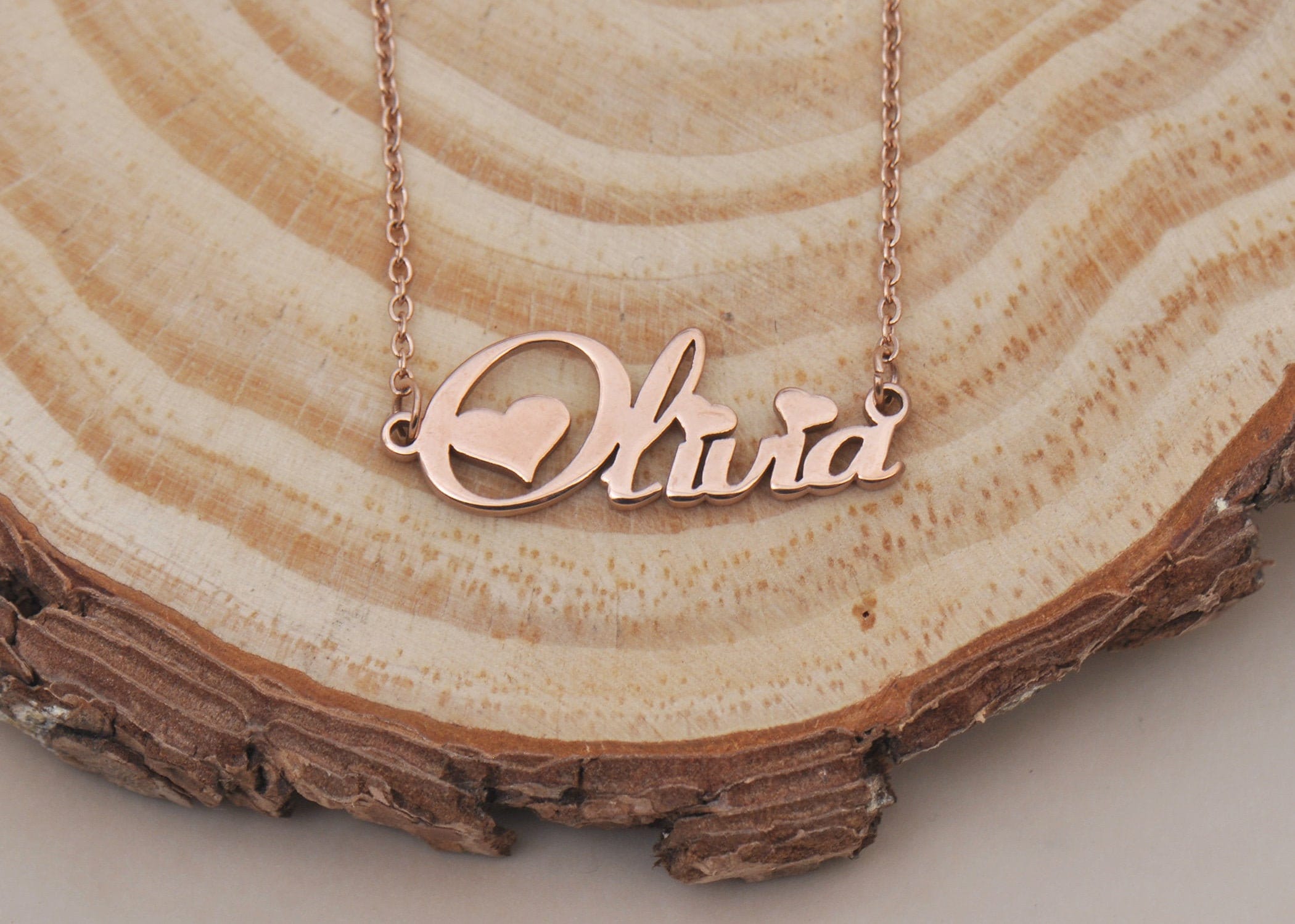 Olivia Name Necklace Rose Gold Necklace With Heart Personalized