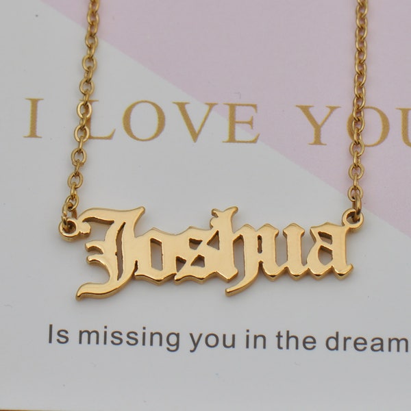 Joshua Custom Name Necklace, Old English Name Necklace, Curb Chain Name, Old English Name Necklace for Daughter Gift