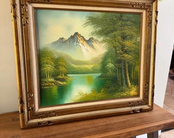 Pintura al óleo de la década de 1970: Paisaje de montañas nevadas, río y bosque.