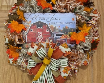Fall For Jesus Fall Wreath, Autumn Front Door Wreath, Seasonal Door Hanger