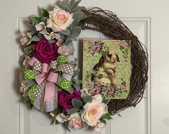 Easter Bunny Entryway Wreath, Floral Spring Grapevine Wreath for Front Door or Mantle