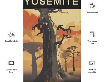 Yosemite National Park Flag, Vintage Tree Forest Tapestry, California Sunset Banner