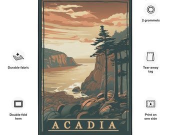 Acadia National Park Flag, Coastal Cliff Sunrise Poster Tapestry