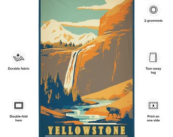 Retro Yellowstone National Park Flag, Bison and Waterfall Wall Art