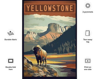 Yellowstone National Park Flag, Vintage Bison Meadow Tapestry