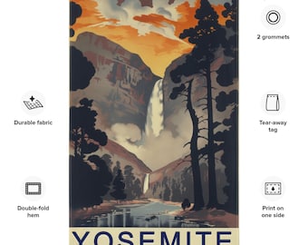 Yosemite National Park Flag, Retro Sunset Waterfall Tapestry