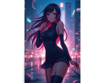 Cyberpunk Anime Girl Poster: Neon City, Synthwave Art (24x36)