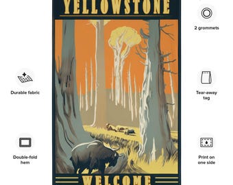 Vintage Yellowstone National Park Flag, Bison Forest Tapestry