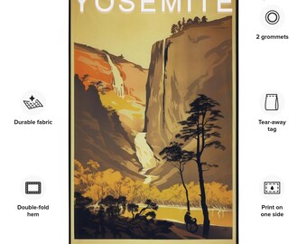 Vintage Yosemite National Park Flag, Golden Waterfall, Deer Silhouette