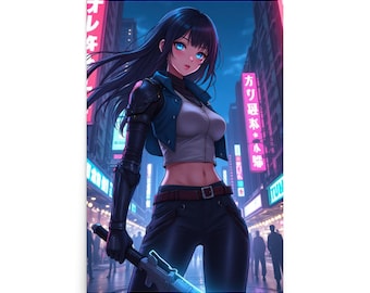 Cyberpunk Anime Girl Poster: Neon City Katana Print, Gamer Room Art