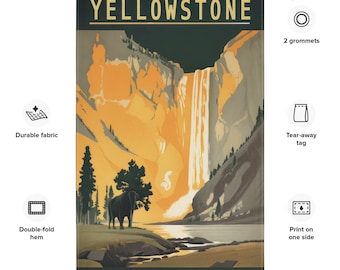 Vintage Yellowstone National Park Flag, Bison & Waterfall Tapestry