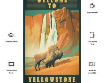 Vintage Yellowstone National Park Flag, Bison Waterfall Tapestry