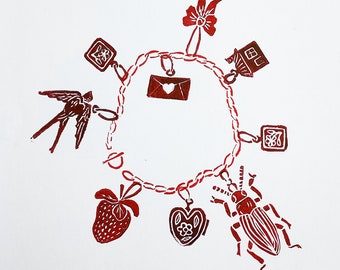 12 — Charm Bracelet Print || linocut print || art