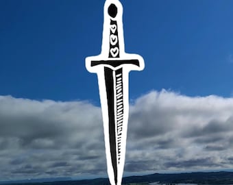 May include: A black and white illustration of a dagger with a heart design on the hilt. The dagger is set against a backdrop of a blue sky with clouds and a scenic landscape.