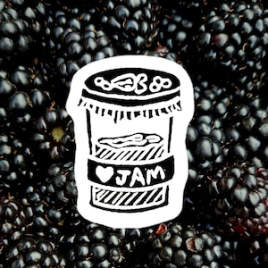 Jam Jar Sticker || 1.4&quot; || linocut || vinyl decal for laptop or water bottle || berry || fruit || aesthetic