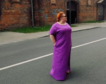 Handmade Baltic Linen Maxi Dress: Plus Size Purple Clothing