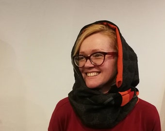 Gray Knit Hooded Scarf: Striped Cowl Hood Wrap