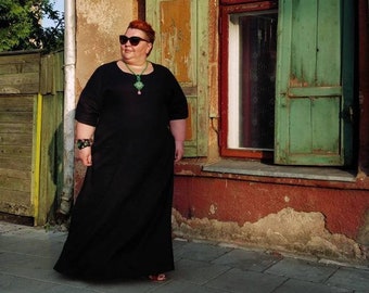 Handmade Black Linen Maxi Dress: Kimono Sleeve Boho Kaftan