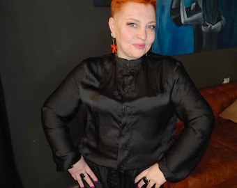 Black Satin Luxe Lounge Shirt ane Pant Set / Black Satin Silk Free Fall Suit Women / Plus size Black Casual Trendy Suit Women