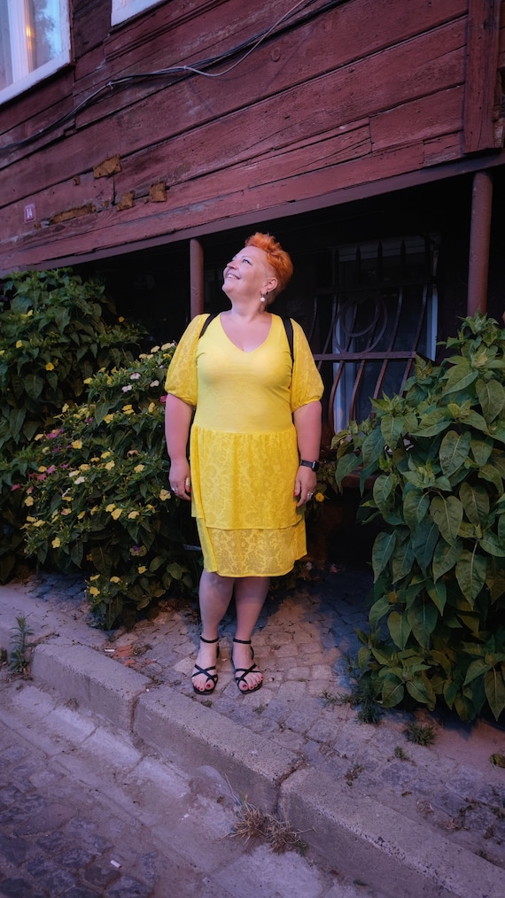 Handmade Yellow Midi Dress: Plus Size Easy Flowing Summer Dress