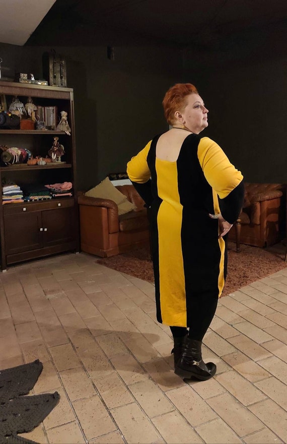 Plus Size Black Dress with Yellow Velvet Accents: Elegant Long Sleeve Boho Dress Plus Size Black Dress with Yellow Velvet Accents: Elegant Long Sleeve Boho Dress