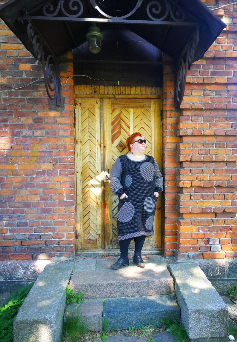 Stripped dress with Pockets for Women Casual Handmade Dress with Long Sleeve Design Polka Dot Dresses Unique Plus size Clothing
