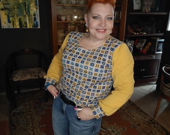 Blusa de punto estilo boho para mujer: Camisa de punto de algodón con estampado geométrico azul mostaza