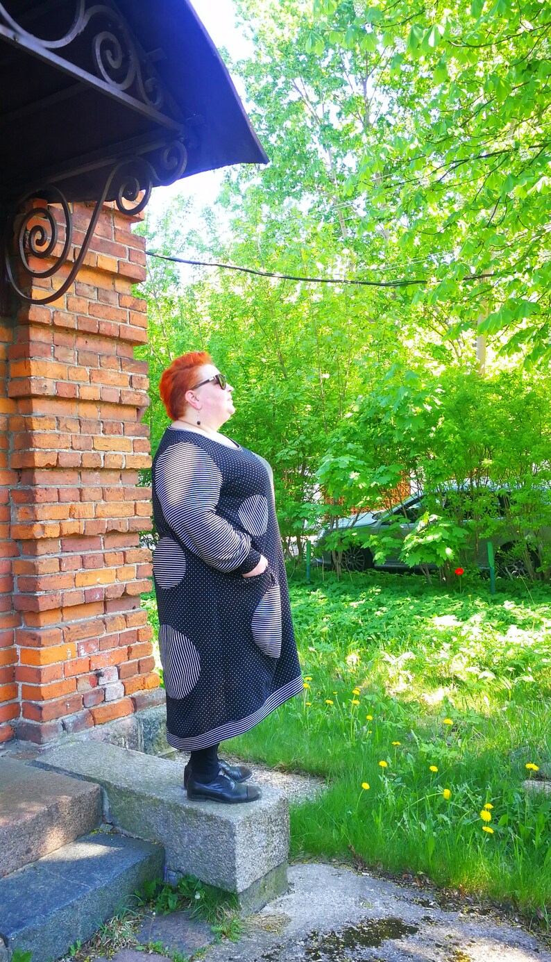Stripped dress with Pockets for Women Casual Handmade Dress with Long Sleeve Design Polka Dot Dresses Unique Plus size Clothing