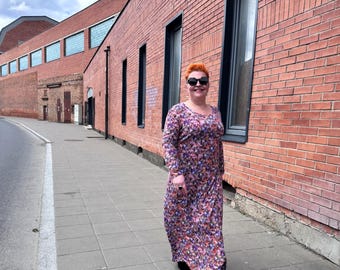 Floral Knit Maxi Dress: Handmade Boho Long Sleeve Stretchy Dress