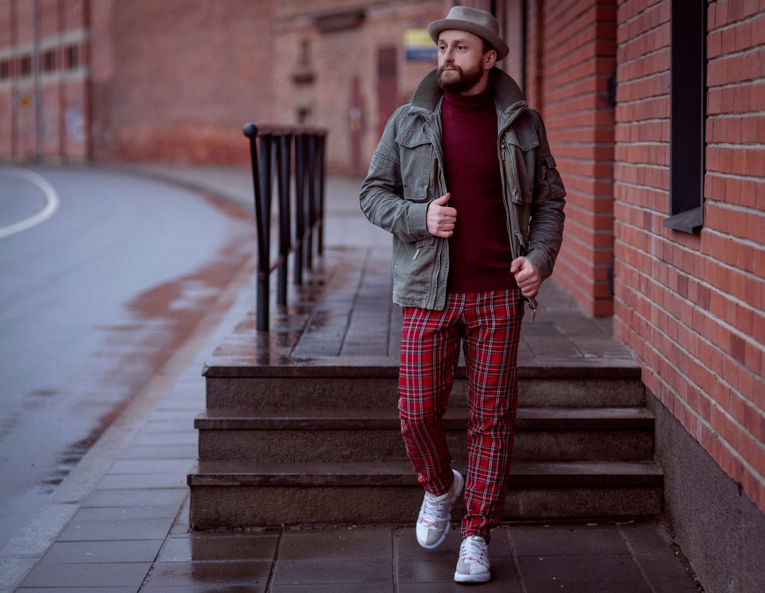 Mens casual street cheap plaid pants