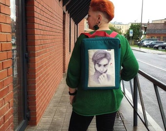Handmade EXO K-POP Backpack: Green Fabric with Hand-Drawn Print