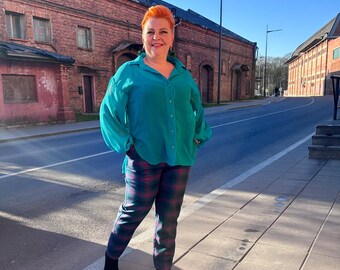 Teal Chiffon Oversized Blouse: Plus Size Long Sleeve Button Shirt