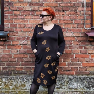 Black Dress Women, Trendy Plus Size Dresses with Flies Application, Casual Black Unique Elegant Dress, Extravagant Boho Clothing Women