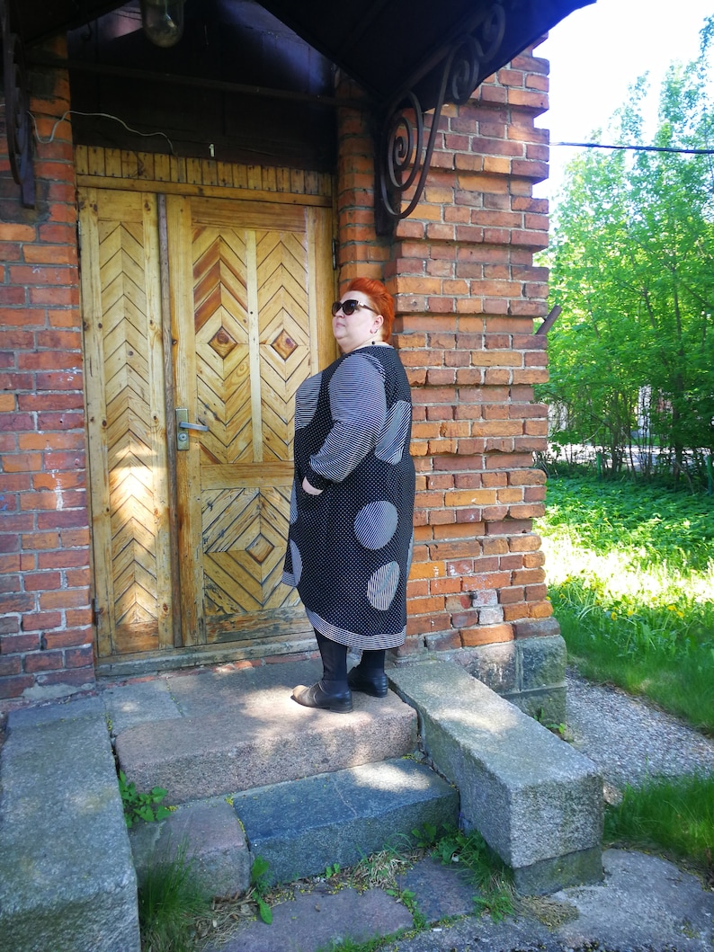 Stripped dress with Pockets for Women Casual Handmade Dress with Long Sleeve Design Polka Dot Dresses Unique Plus size Clothing