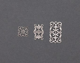 Ornate 4 Loop Jewelry Connector, Antiqued Silver Bracelet Link
