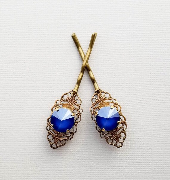 Blue Rhinestone Hair Pins Chic Vintage Style Brass Filigree Etsy