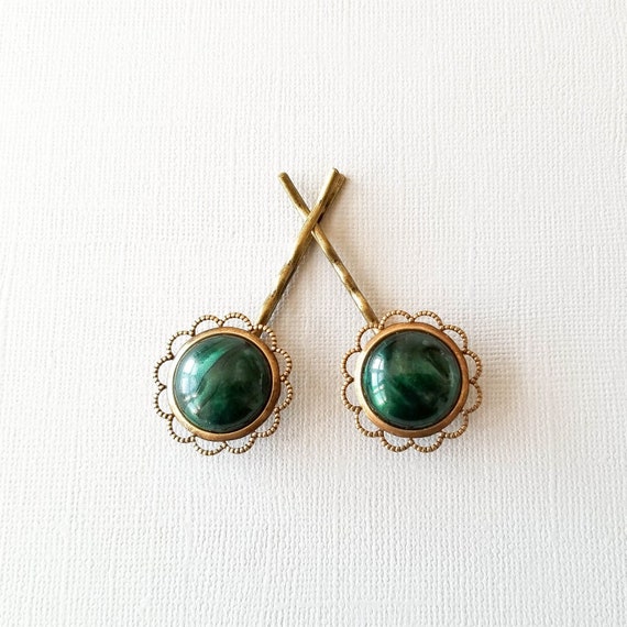 Round Green Bobby Pins Green Jewel Hair Pin Green Cabochon Etsy