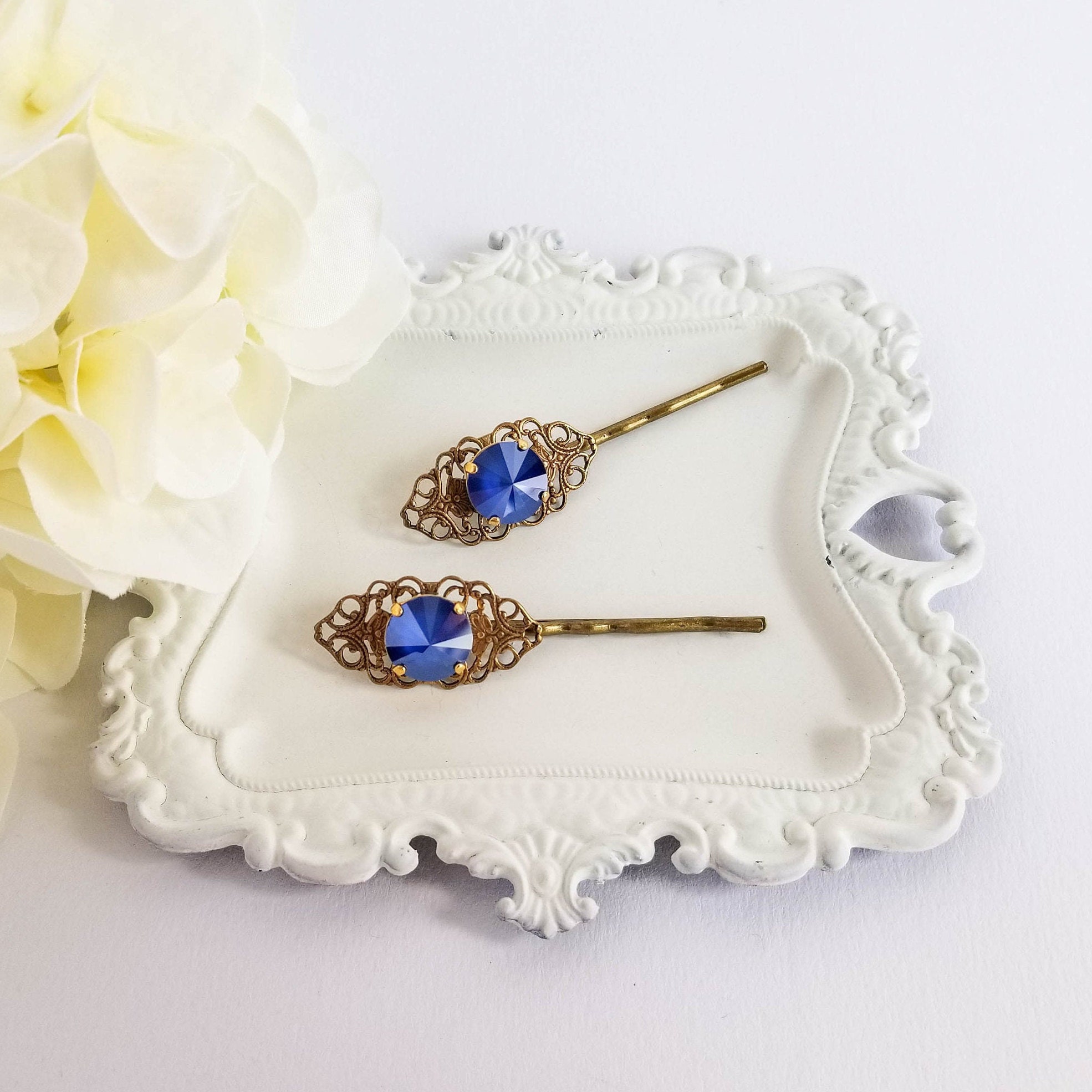 Blue Rhinestone Hair Pins Chic Vintage Style Brass Filigree Etsy