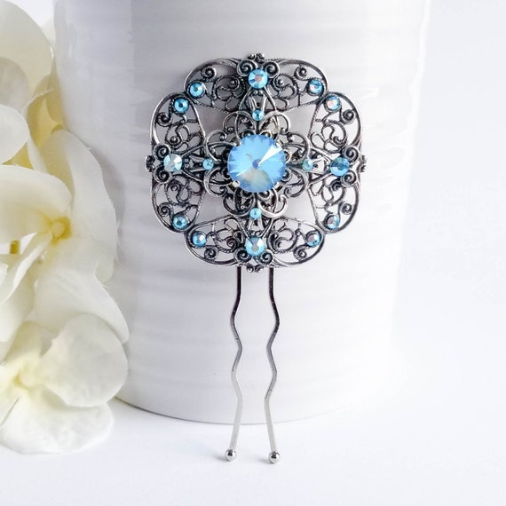 Handmade silver plated FLOWER filigree HAIR JEWELRY FORK PICK PIN new wedding