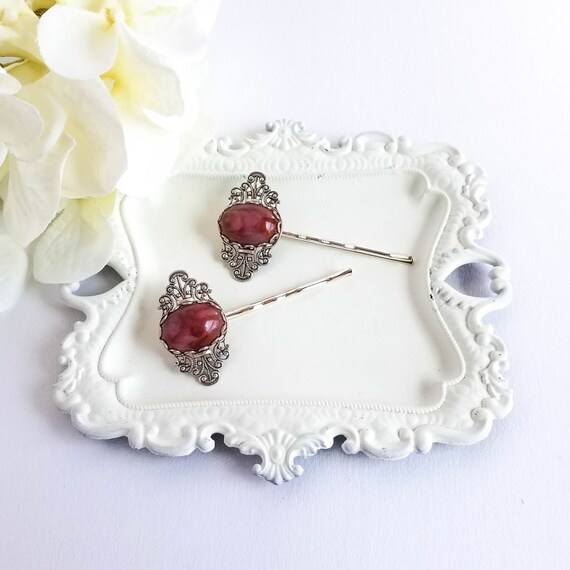 Victorian Wedding Accessories Vintage Bridal Hair Jewelry Mother/'s Day Burgundy Hair Pins Women Birthday Gift Red Cabochon Bobby Pins