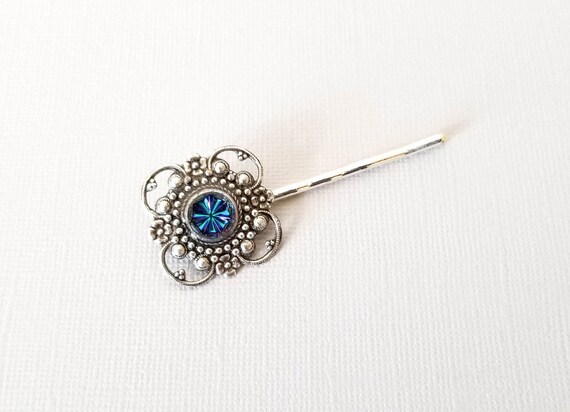 Blue Starburst Hair Pin Victorian Silver Filigree Hair Etsy