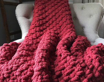 Burnt Red Throw Blanket - Chunky Knit Throw Blanket - Soft Red Knit Throw - Super Chunky Knit Blanket - Cozy Chenille Knit Blanket