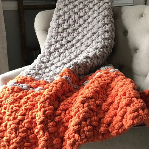 Chunky Knit Blanket Orange Striped Throw Gray and Orange Etsy